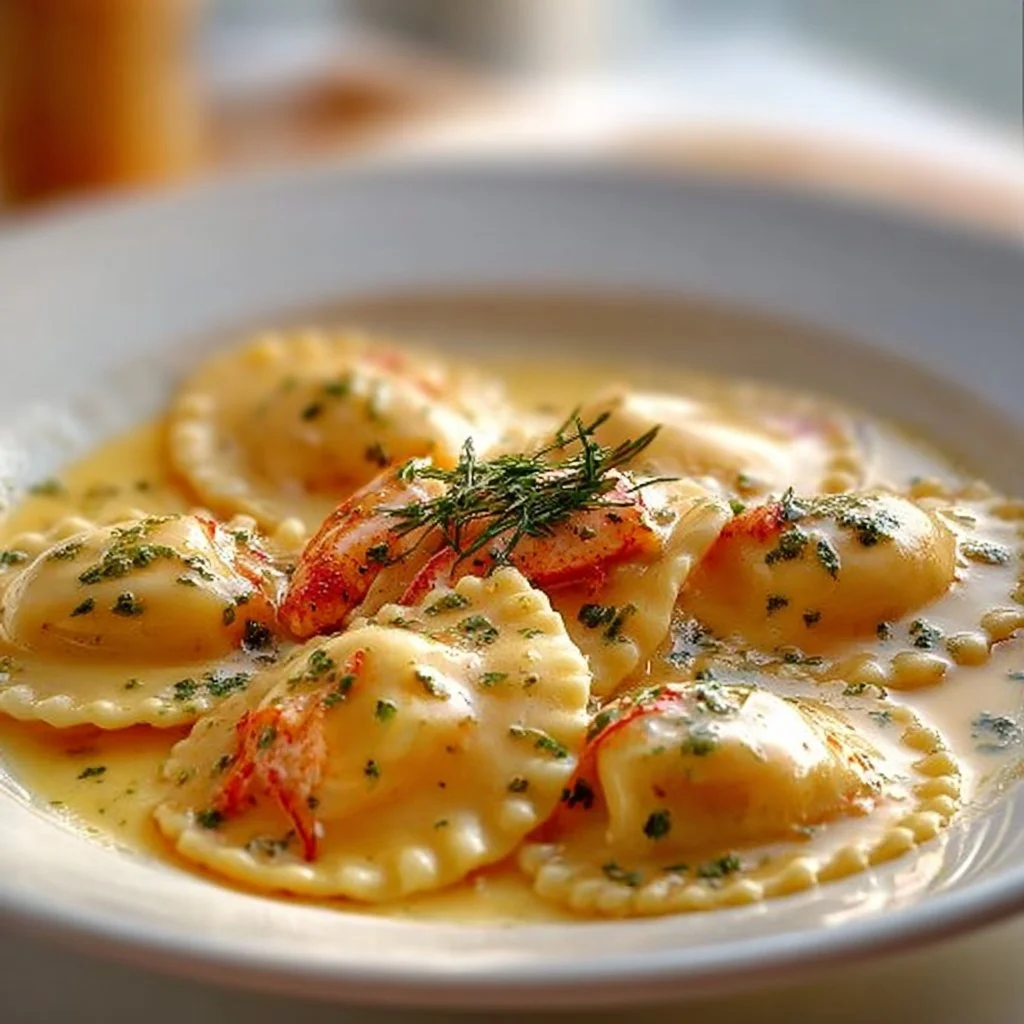 Plate of lobster ravioli drizzled with lemon butter sauce