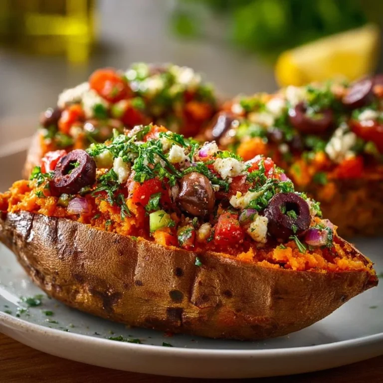 Mediterranean stuffed sweet potatoes topped with herbs and spices.