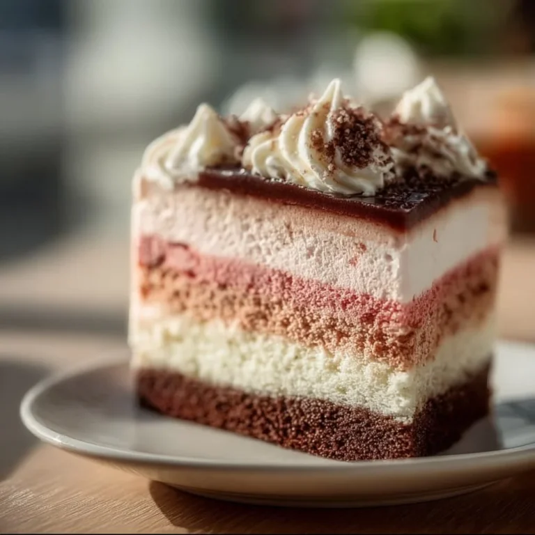 Deliciously layered Neapolitan Cake with chocolate, vanilla, and strawberry flavors.