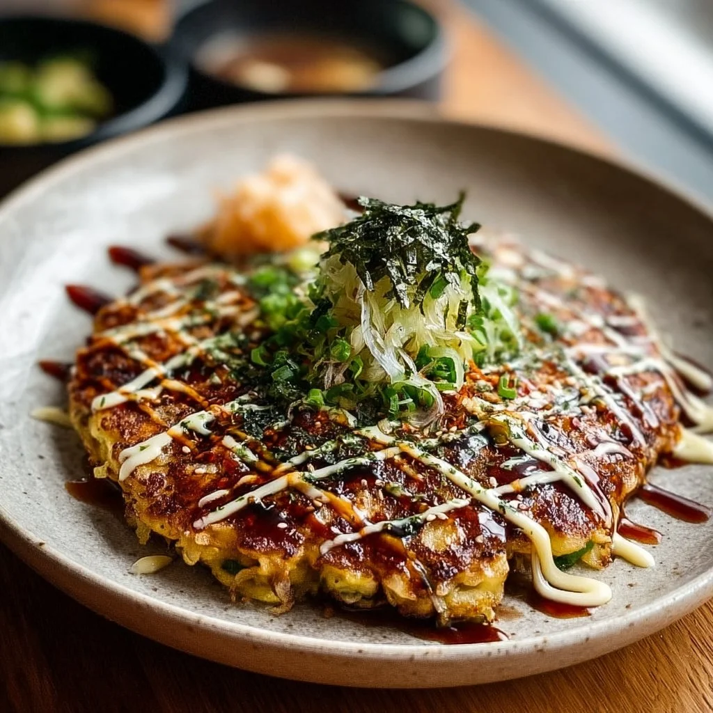 Delicious Okonomiyaki Japanese pancake topped with various ingredients