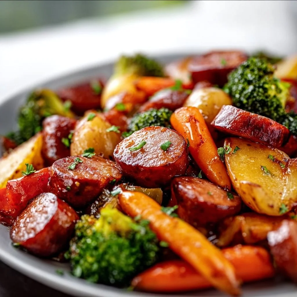 One-Pan Honey Garlic Kielbasa with colorful veggies in a skillet