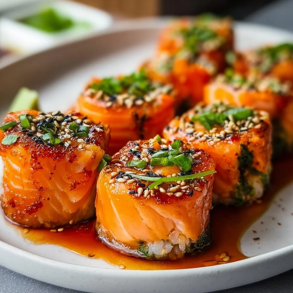 Oven-baked salmon sushi bites served on a wooden platter with wasabi and ginger