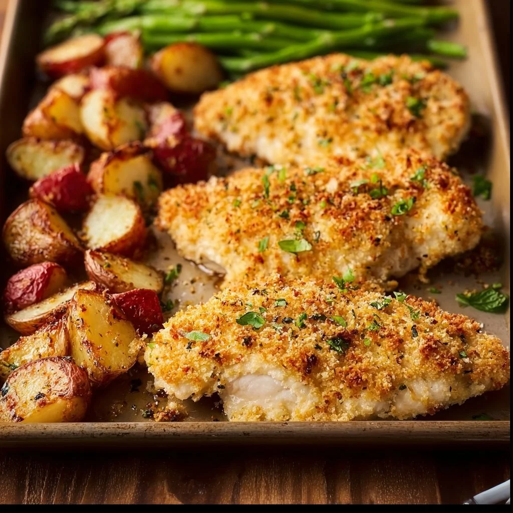 Parmesan Crusted Chicken Sheet Pan Dinner with vegetables and seasoning