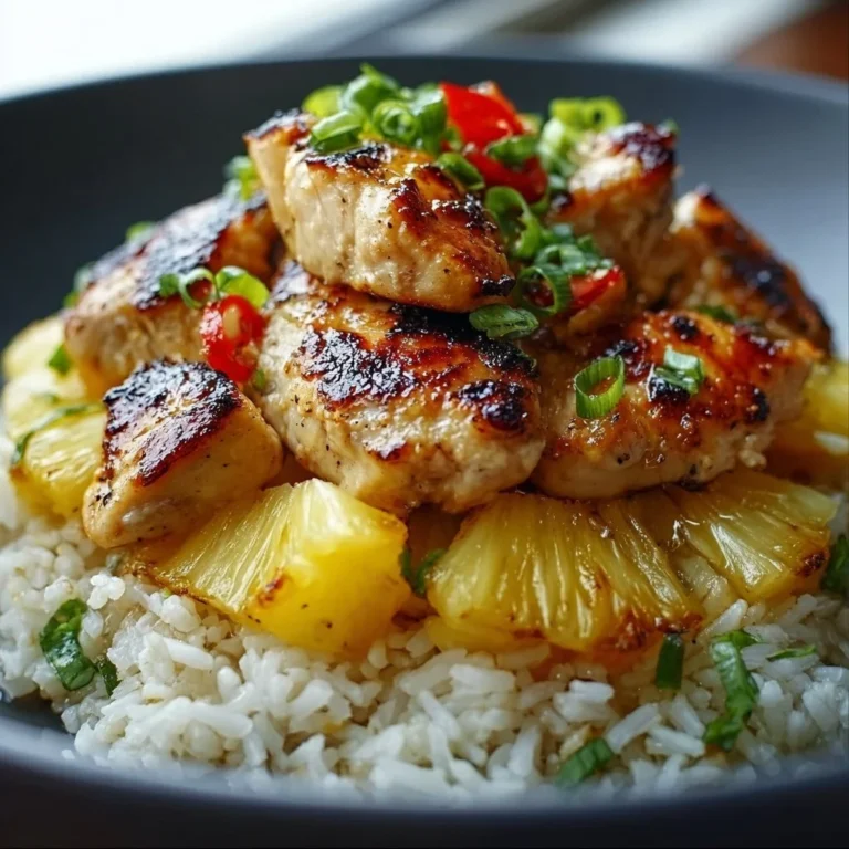 Delicious pineapple chicken served with rice, showcasing a tropical flavor combination.