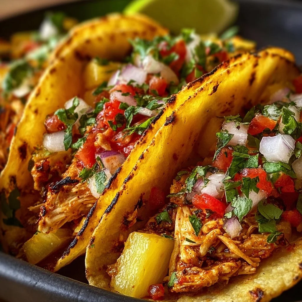 Delicious pineapple chicken tacos served with fresh toppings and vibrant colors