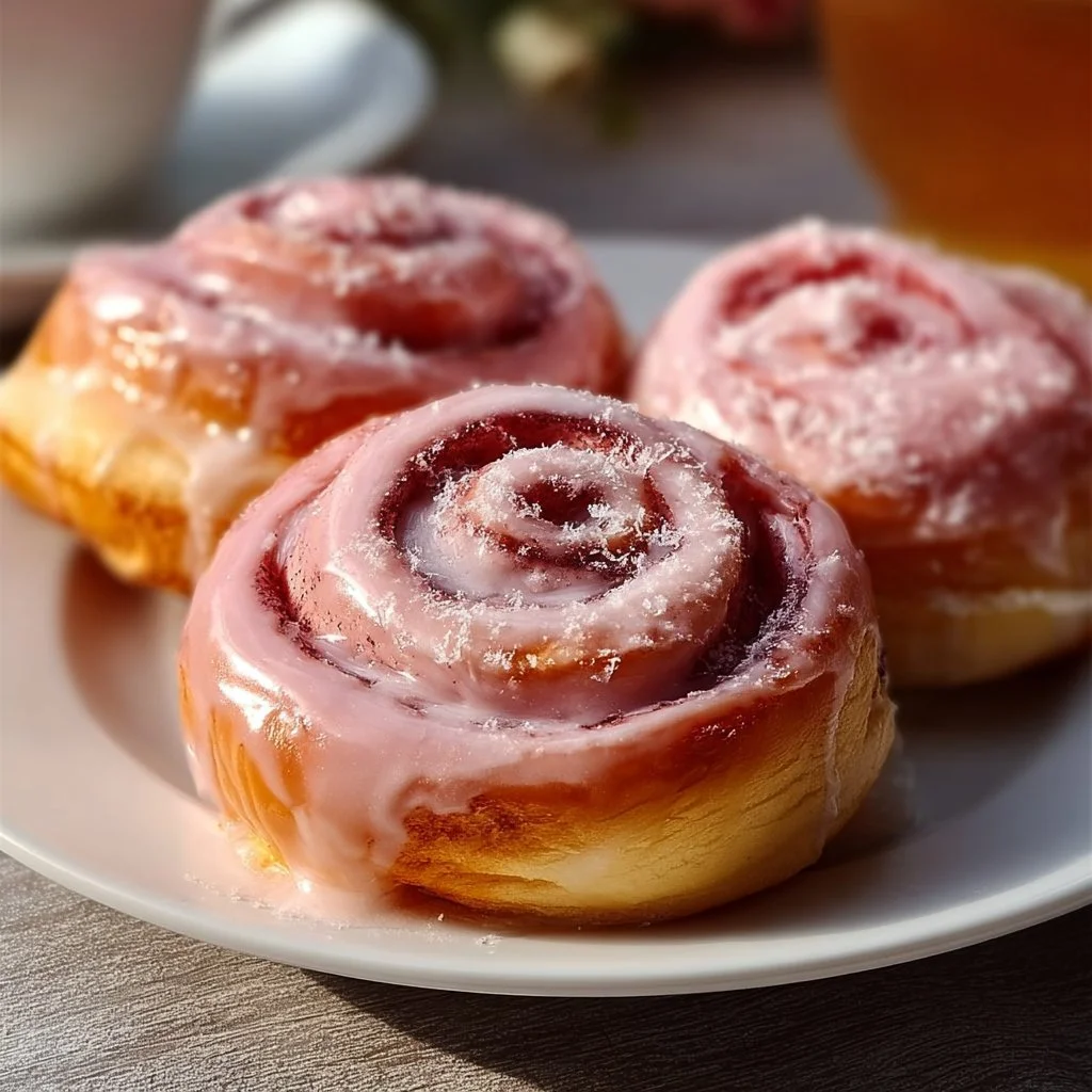 Pink cinnamon rolls with cream cheese frosting on a white plate