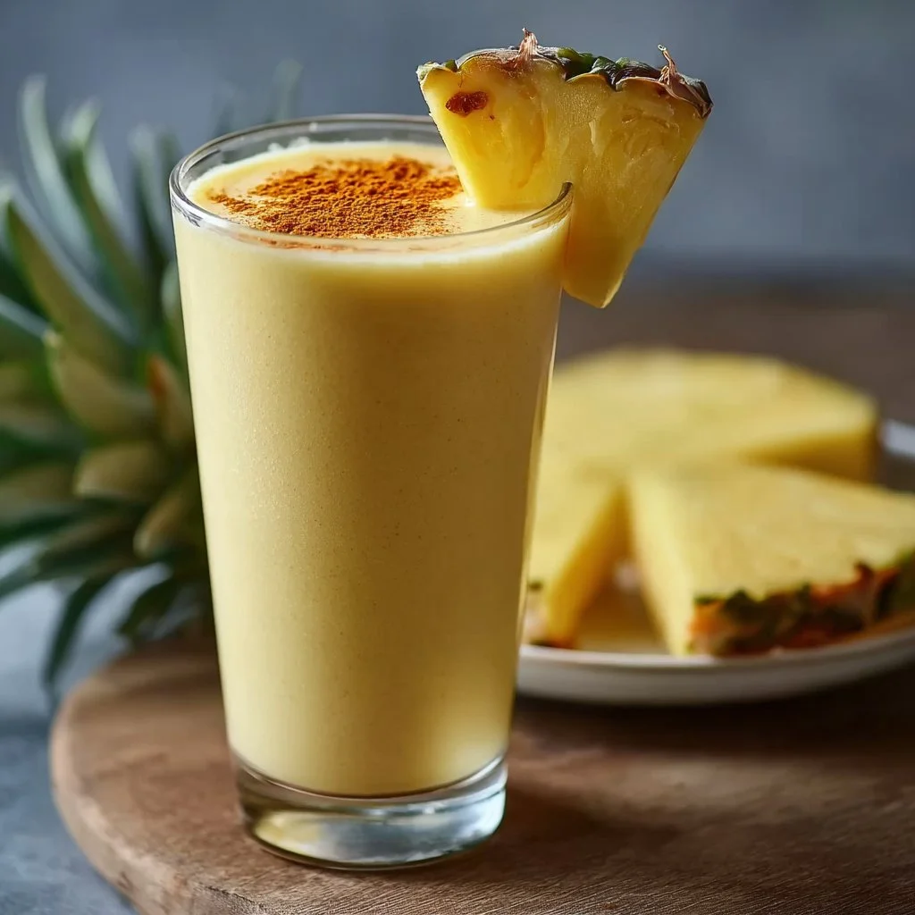 Delicious Protein Pineapple Turmeric Smoothie in a glass garnished with fruit