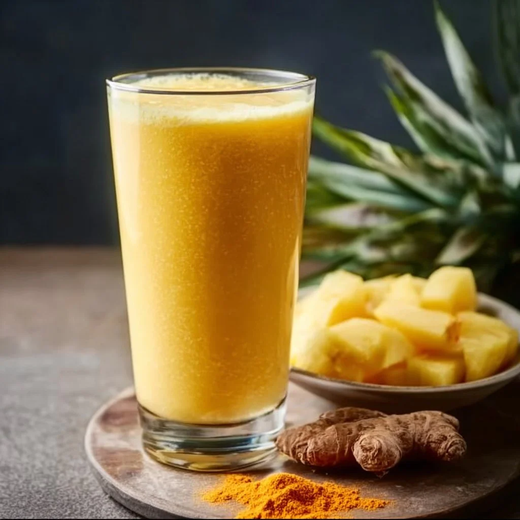 Protein Pineapple Turmeric Smoothie in a glass with fresh ingredients
