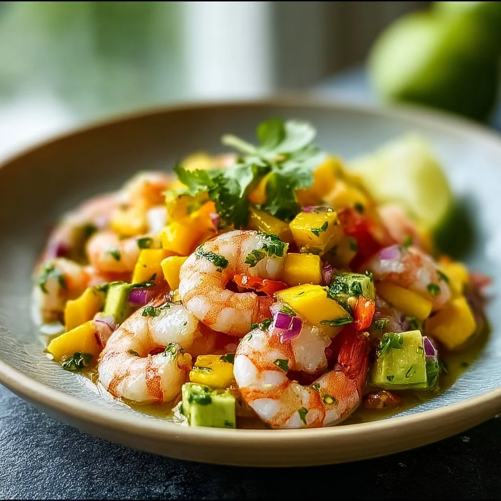 Quick Mango Shrimp Ceviche with Avocado served in a bowl.