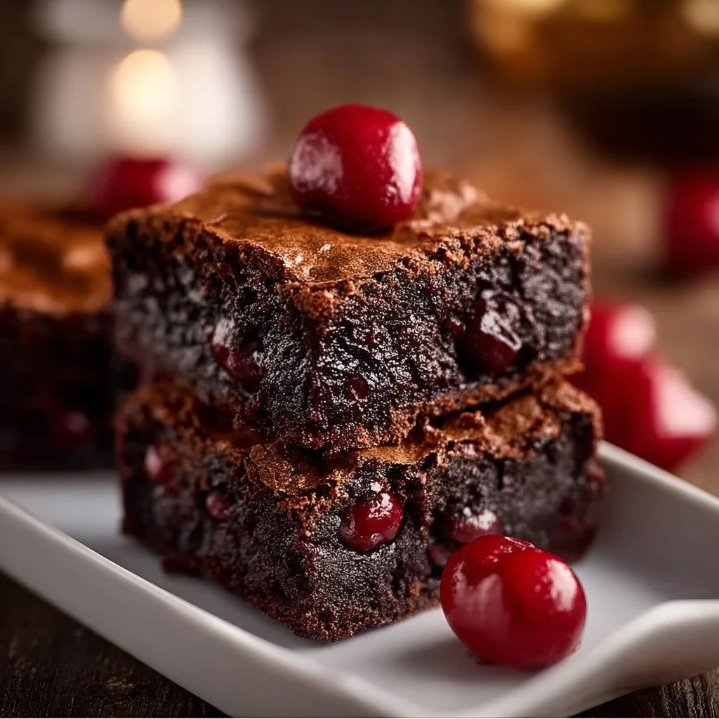 Delicious roasted cherry brownies served on a white plate