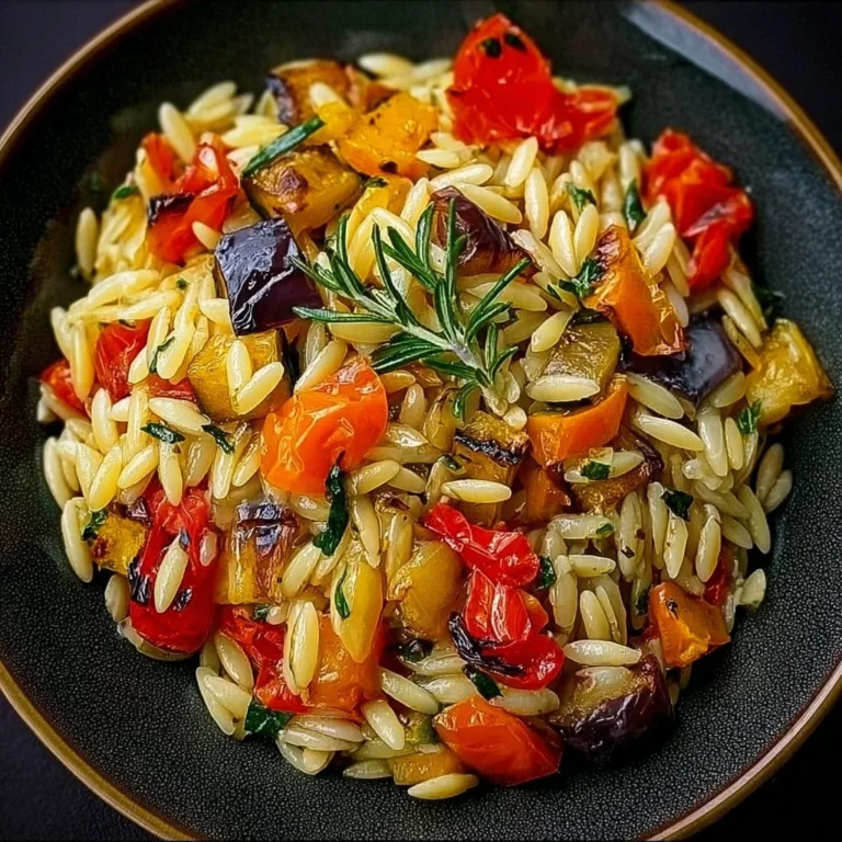 Delicious roasted vegetable orzo served in a bowl, showcasing vibrant colors and textures.