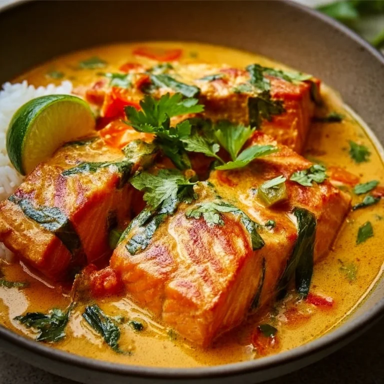 Bowl of Salmon Coconut Curry garnished with fresh herbs and served with rice