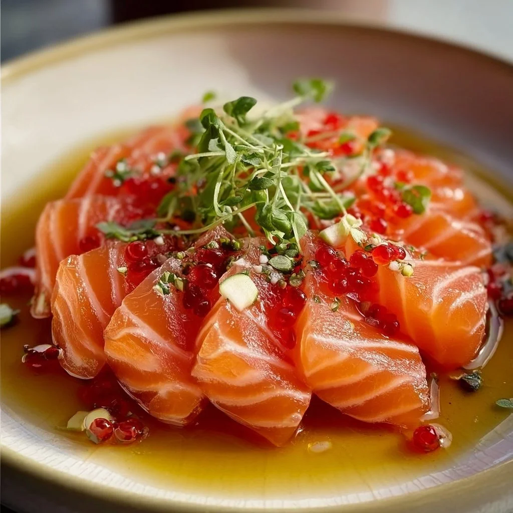 Plate of fresh Salmon Crudo garnished with herbs and citrus slices