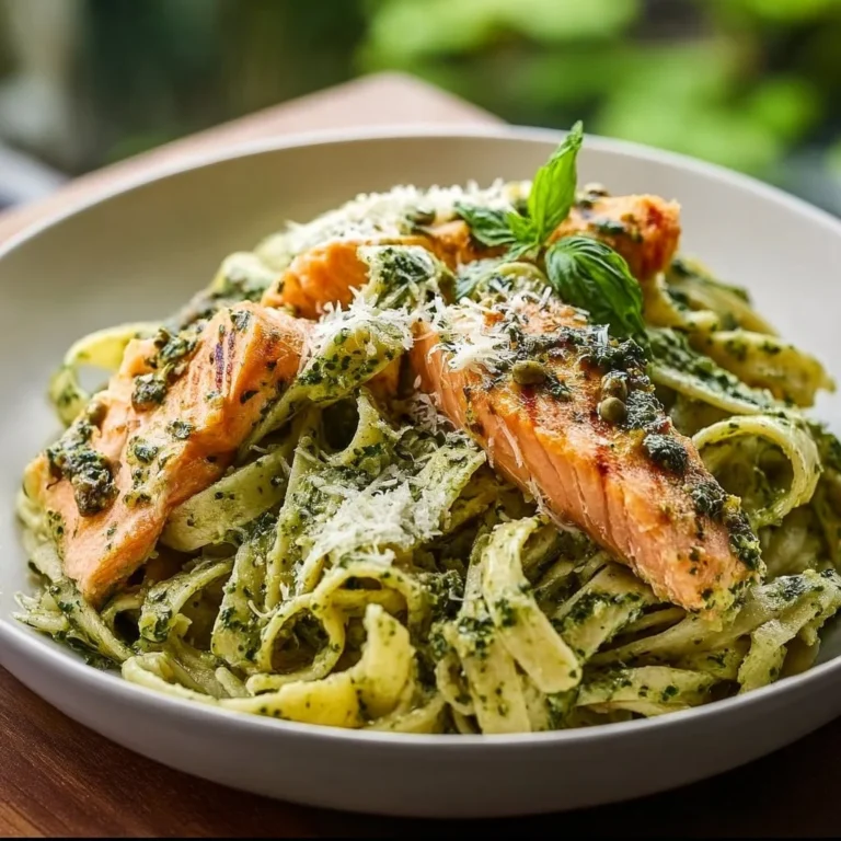 Delicious salmon pesto pasta served with fresh basil and cherry tomatoes