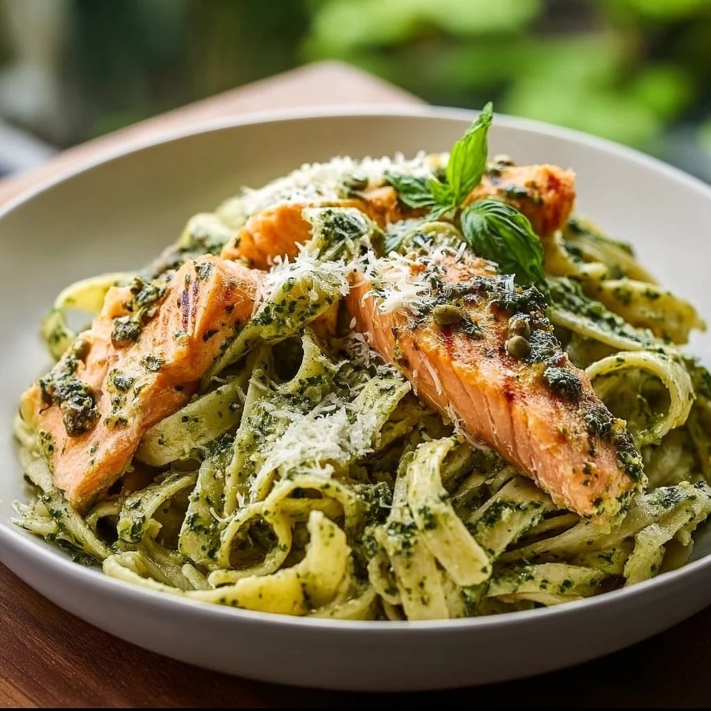 Delicious salmon pesto pasta served with fresh basil and cherry tomatoes