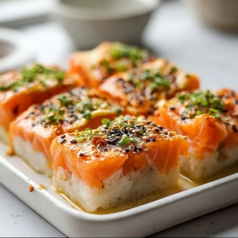 Baked salmon sushi dish topped with creamy sauce and fresh ingredients
