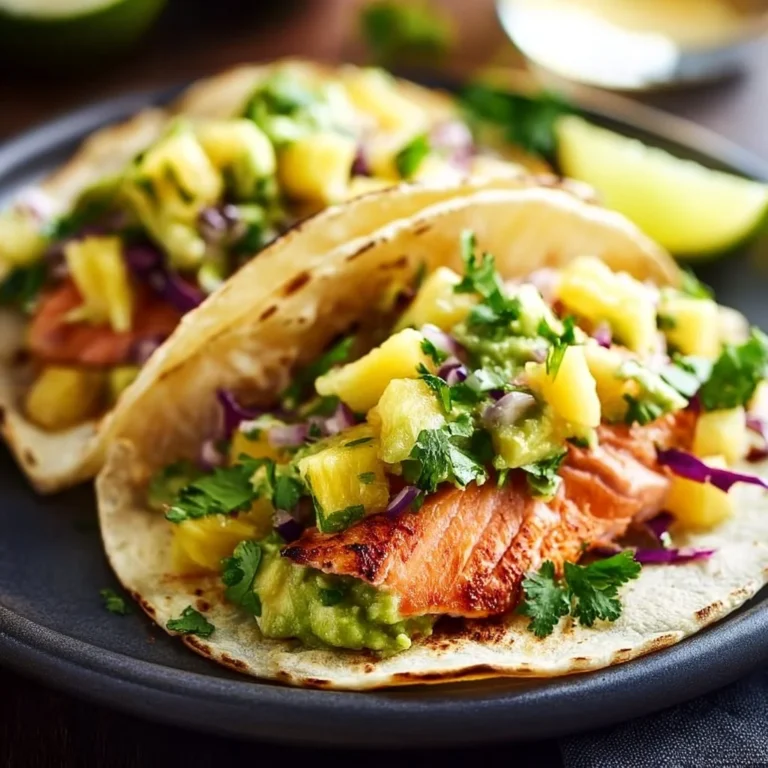Salmon tacos garnished with pineapple avocado salsa on a plate
