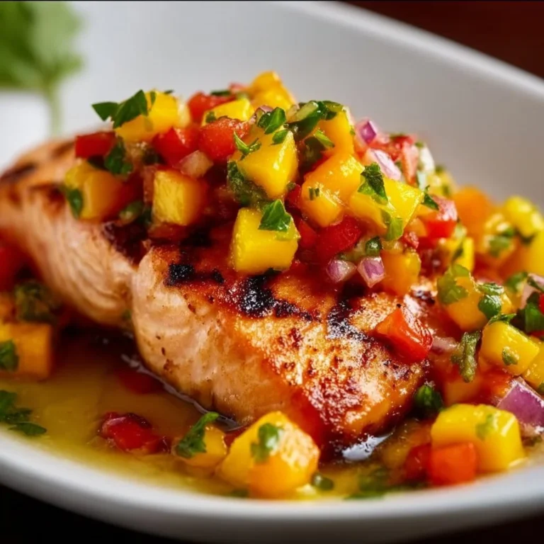 Grilled salmon fillet topped with fresh mango salsa for a delicious meal.