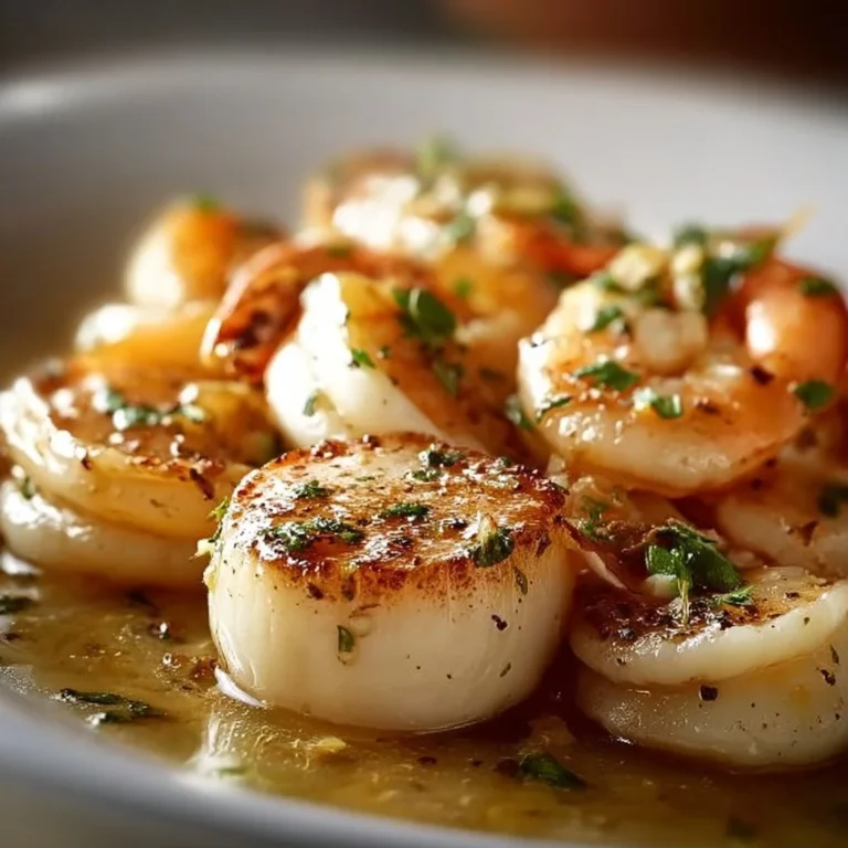 Delicious scallops and shrimp in garlic butter sauce served on a plate