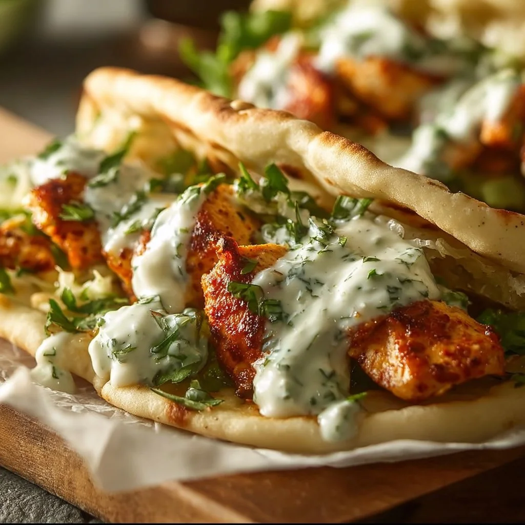 Sheet pan chicken pitas topped with herby ranch dressing and fresh veggies