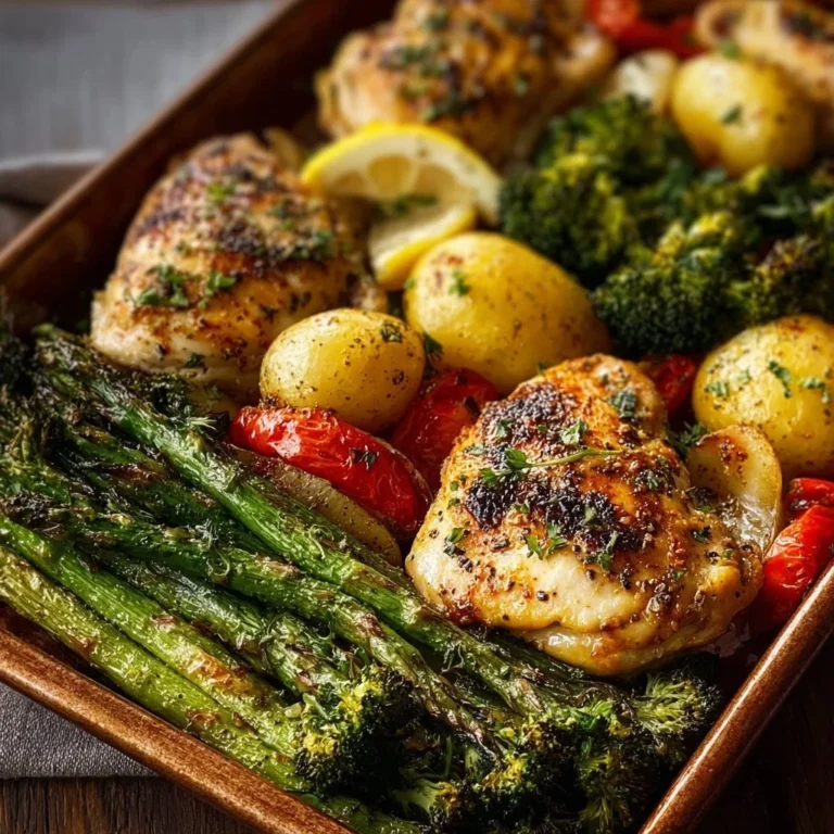 Sheet pan featuring garlic butter chicken and mixed veggies ready to be served.