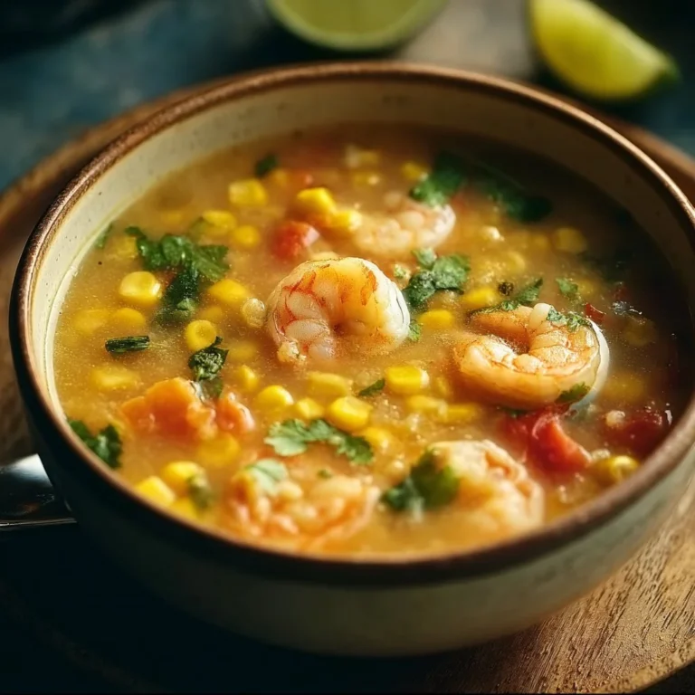 Bowl of creamy shrimp and corn soup garnished with herbs