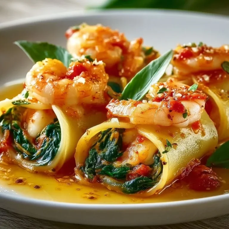 Shrimp and spinach stuffed pasta rolls plated with a fresh herb garnish.