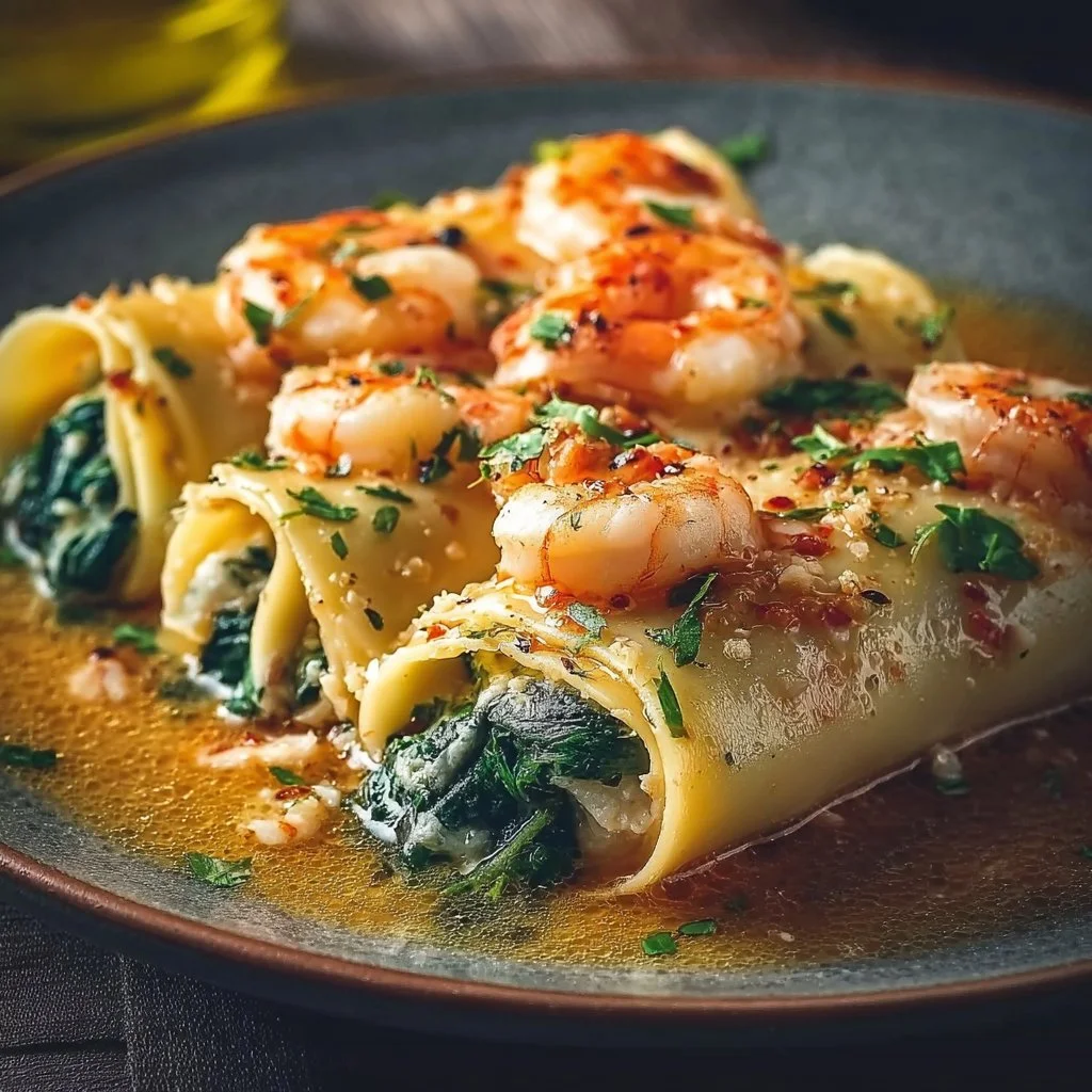 Shrimp and Spinach Stuffed Pasta Rolls