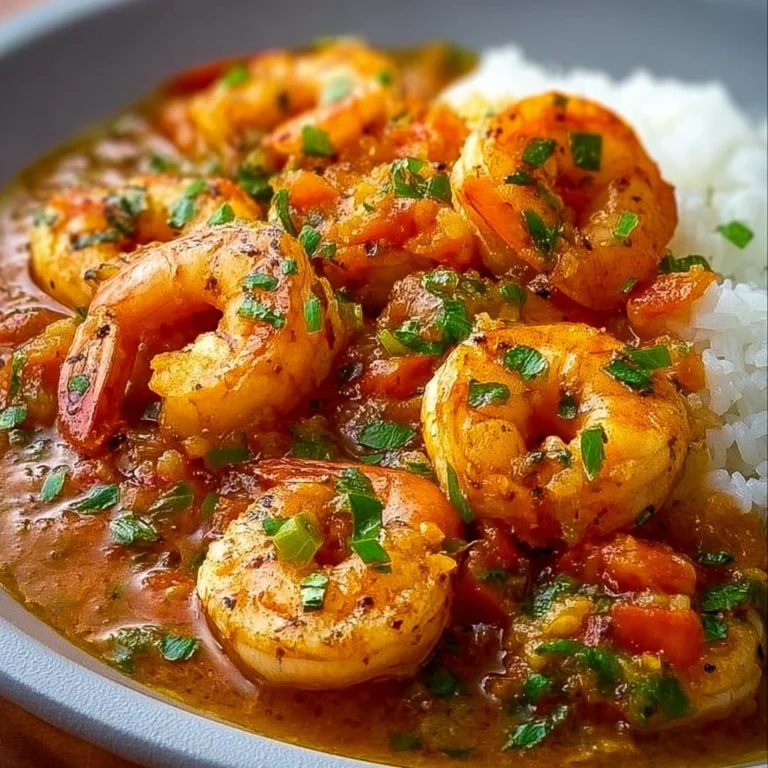 Delicious shrimp etouffee served with rice and garnished with fresh herbs.
