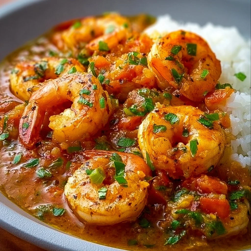 Delicious shrimp etouffee served with rice and garnished with fresh herbs.