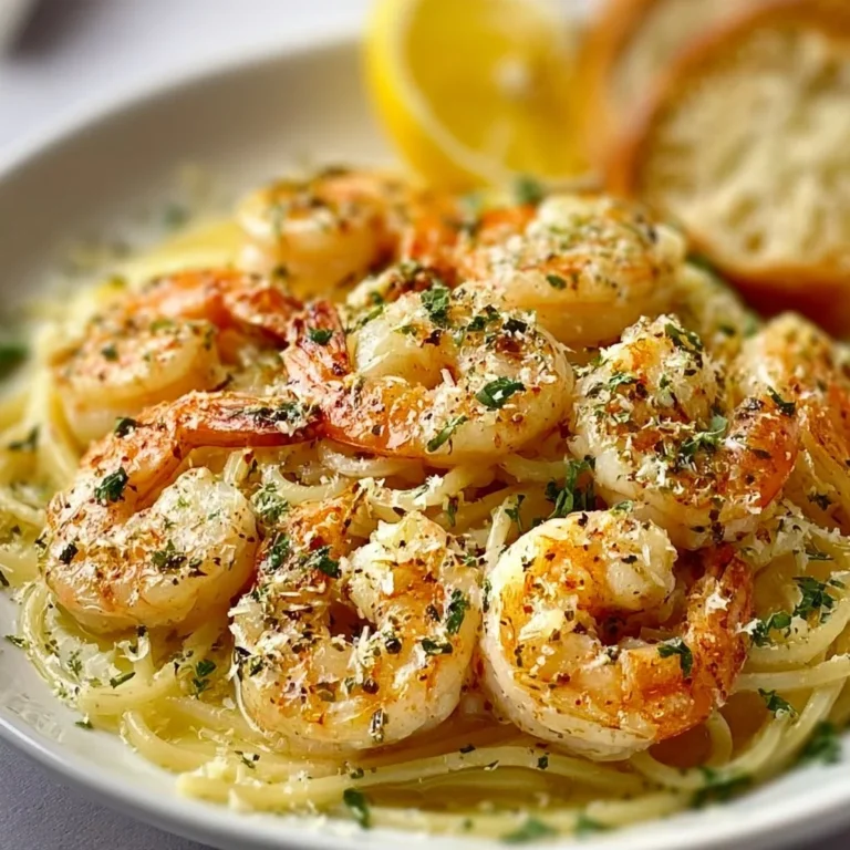 Delicious shrimp scampi garnished with parsley and served with pasta