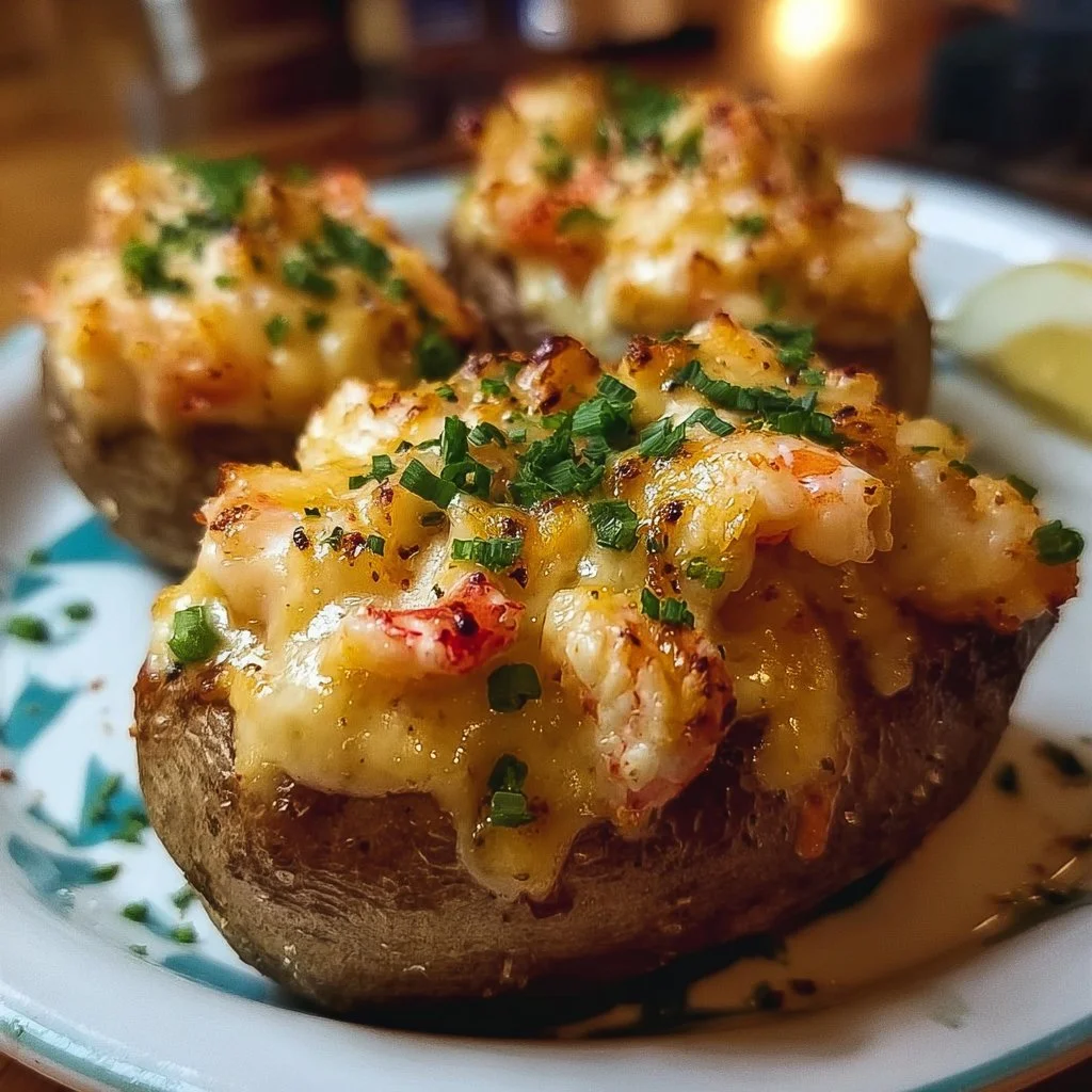 Delicious Southern-style seafood stuffed potatoes garnished and ready to serve