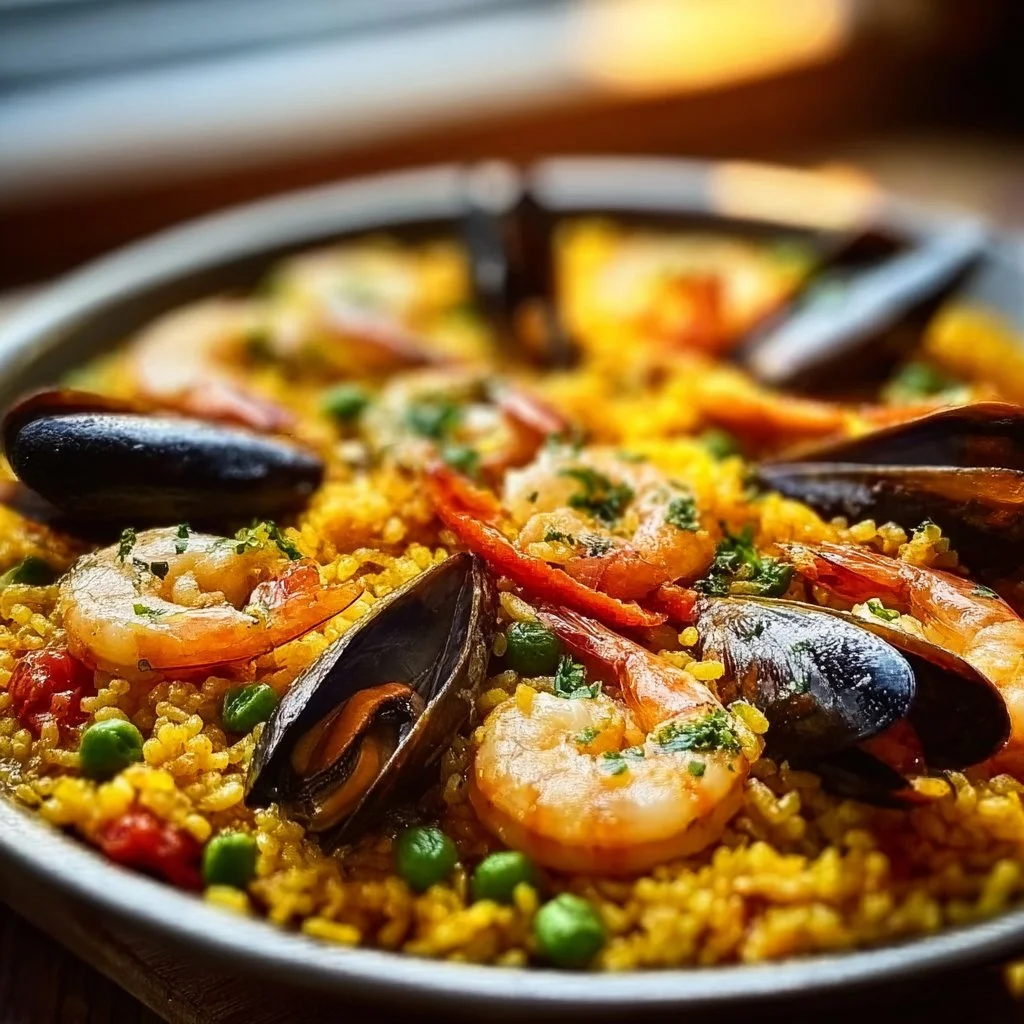 Delicious Spanish paella featuring seafood, chicken, and saffron-infused rice.