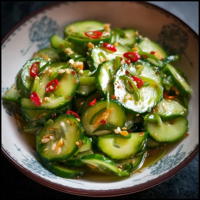A bowl of spicy cucumber salad garnished with fresh herbs and spices.