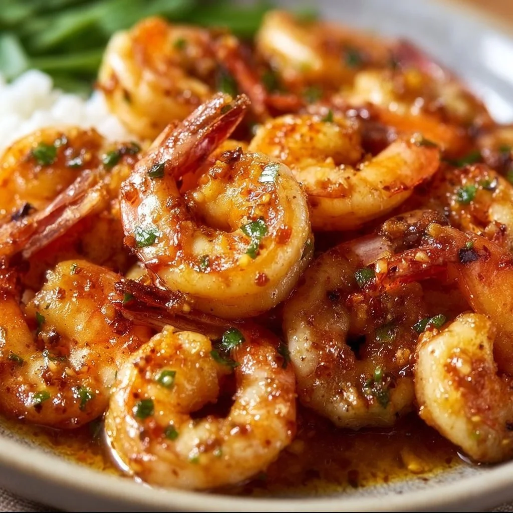 Plate of spicy garlic butter shrimp garnished with parsley and served with lemon.