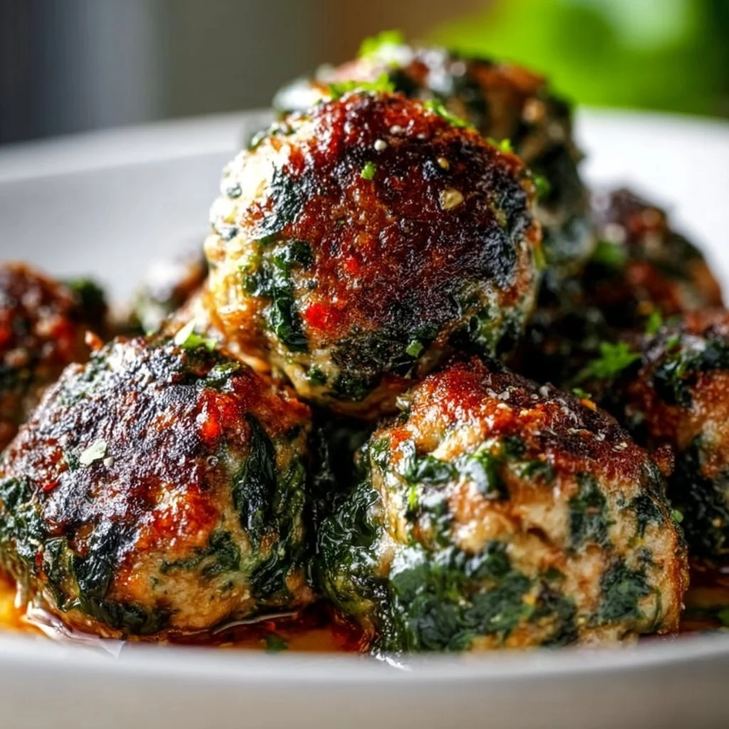 Plate of spinach garlic meatballs served with a side of vegetables.