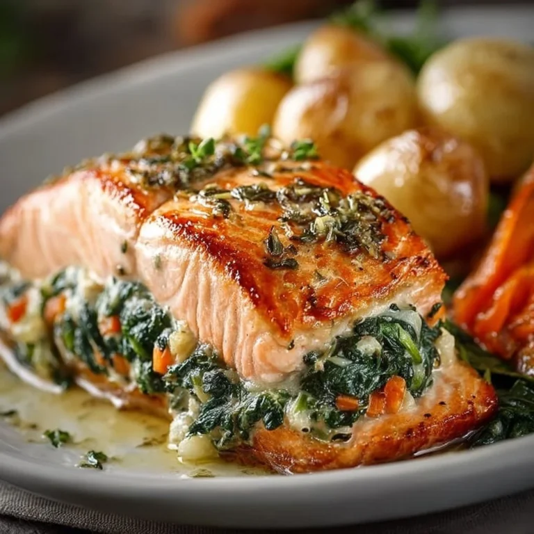 Delicious spinach stuffed salmon on a plate with herbs and lemon slices.