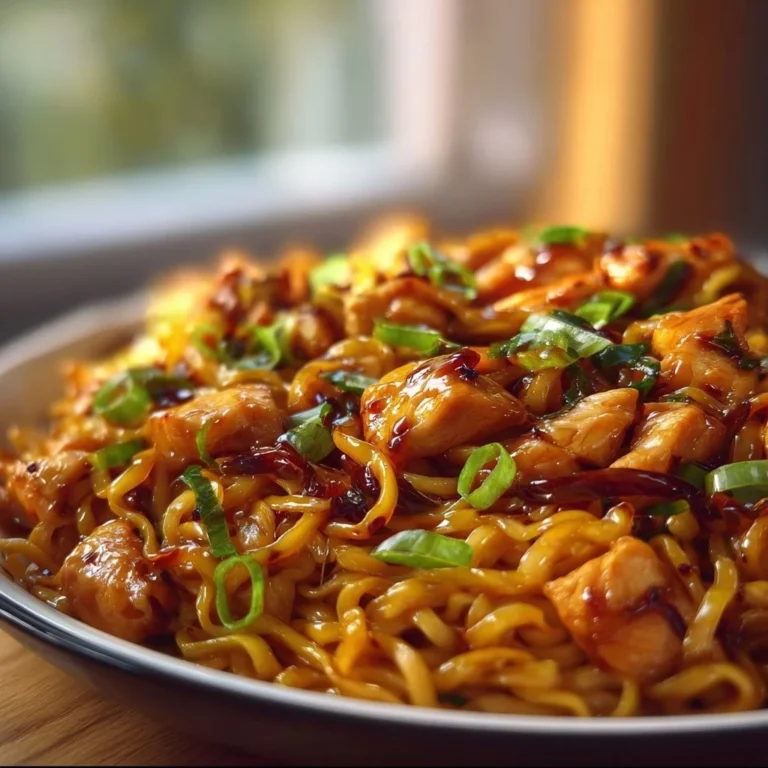 Plate of sticky garlic chicken noodles garnished with herbs