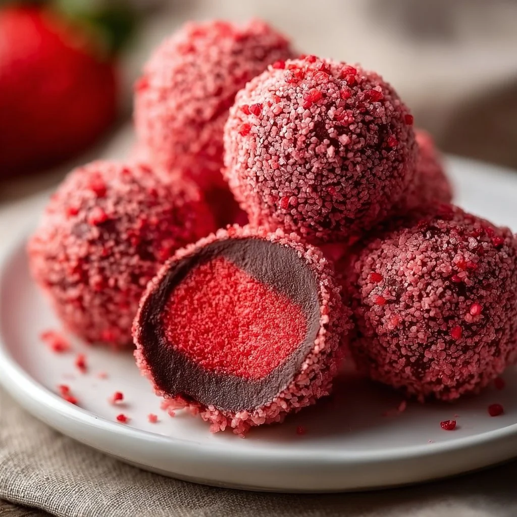 Decadent strawberry truffles topped with red strawberry sprinkles.
