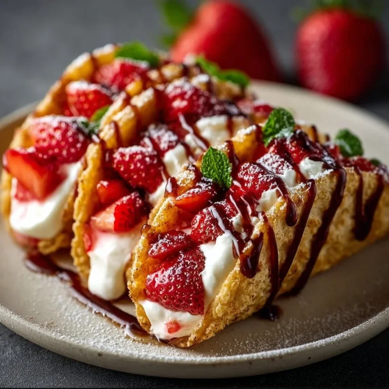 Strawberry cheesecake dessert tacos filled with creamy cheesecake and fresh strawberries.