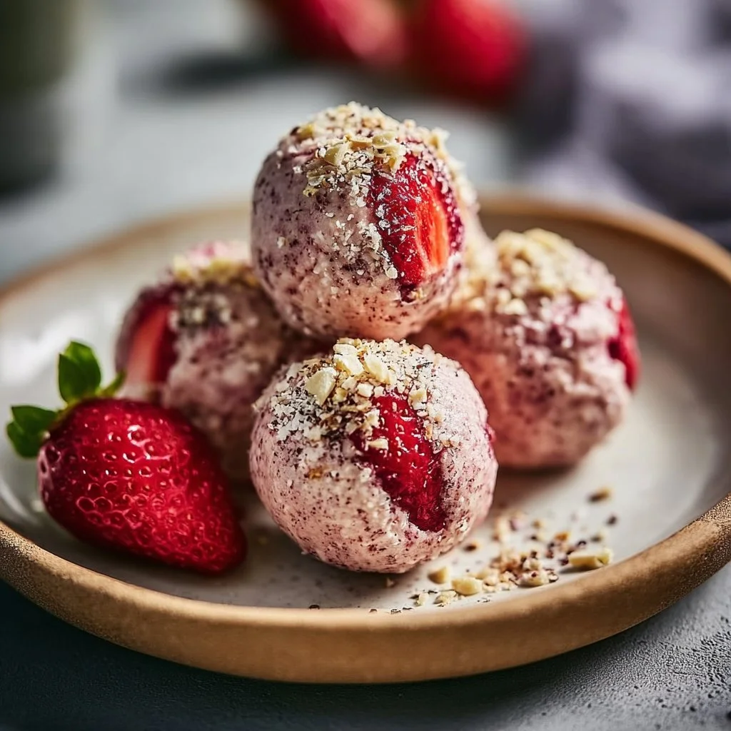 Strawberry cheesecake protein balls on a plate with fresh strawberries