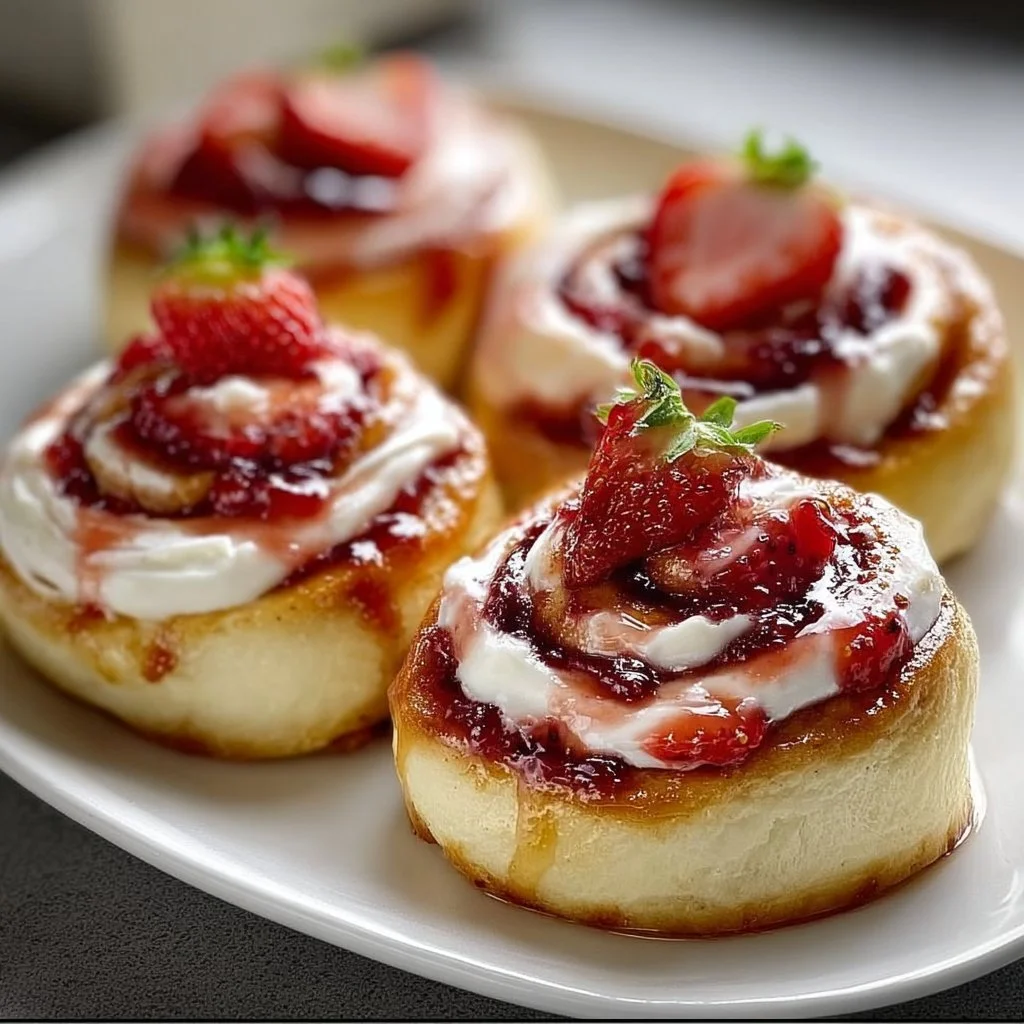 Delicious strawberry cheesecake sweet rolls topped with fresh strawberries and cream.