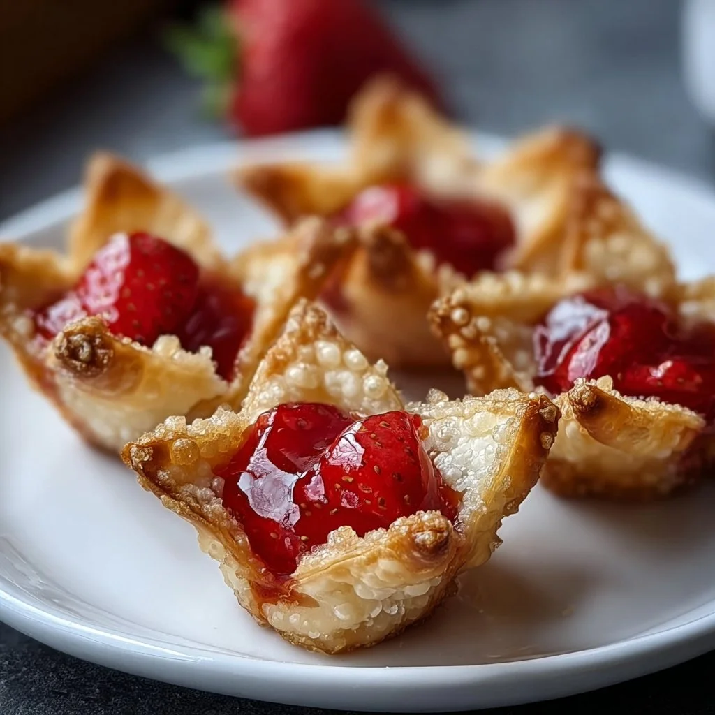 Strawberry cheesecake wonton bites served on a plate with fresh strawberries