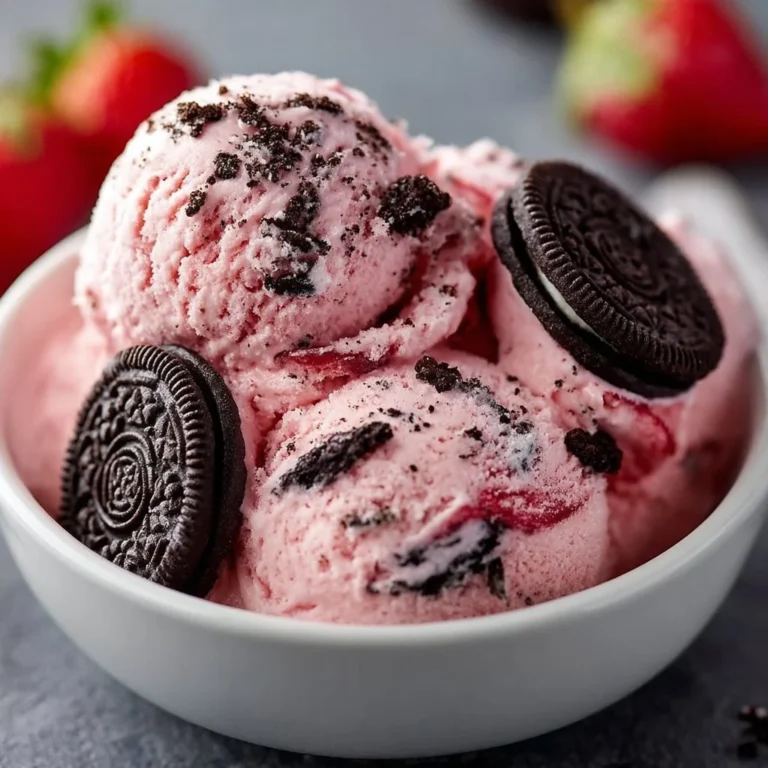 Strawberry Oreo ice cream topped with crushed Oreos and fresh strawberries