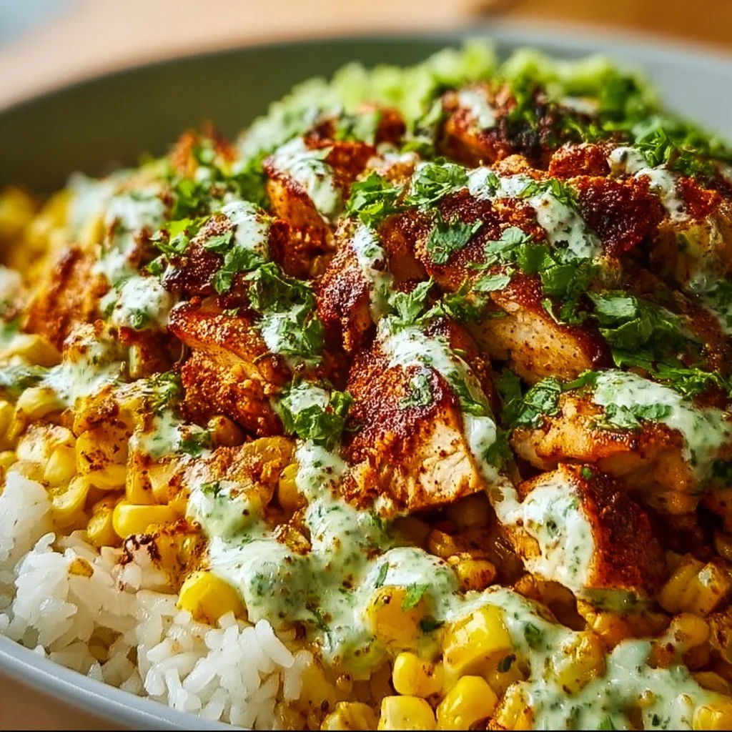Delicious Street Corn Chicken Rice Bowl with chicken, corn, and rice