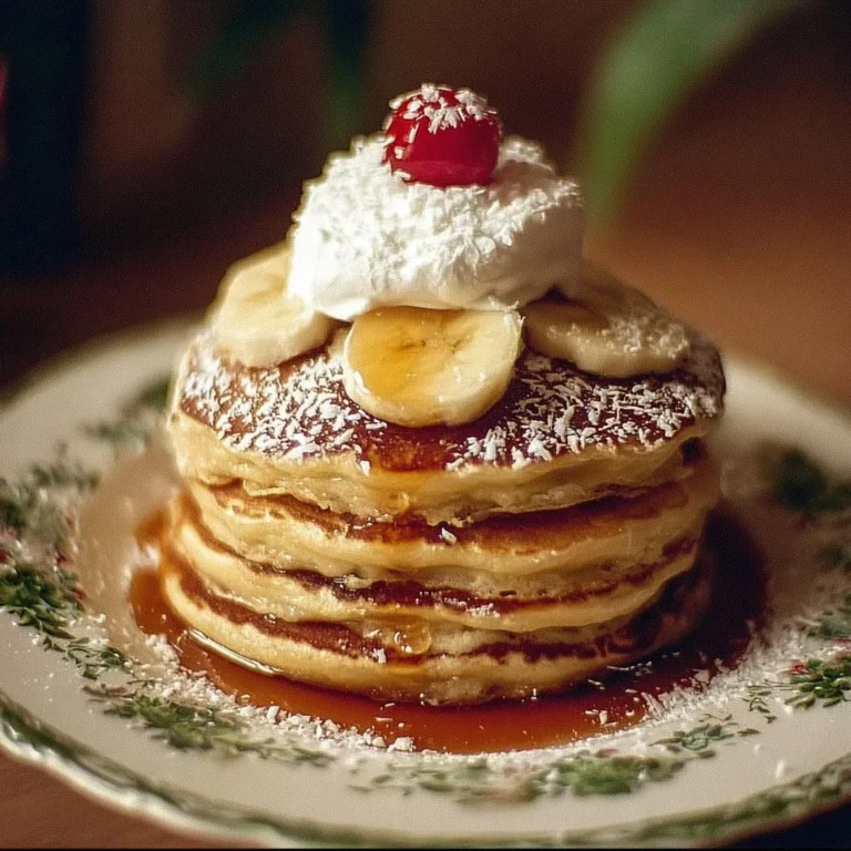 Fluffy sweet coconut cream pancakes with syrup and coconut flakes