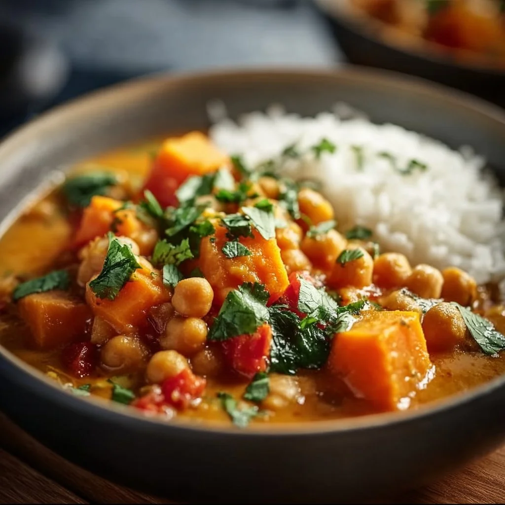 Delicious Sweet Potato and Chickpea Curry served in a bowl