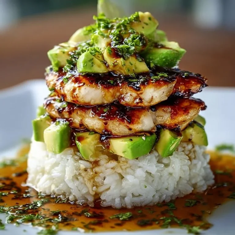 Tangy honey lime chicken served with avocado rice stack for a vibrant meal