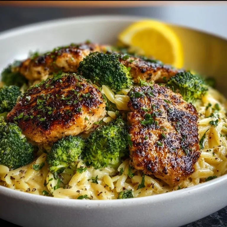 Lemon pepper chicken served with broccoli and orzo in a delicious plate
