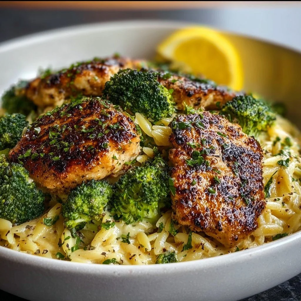 Lemon pepper chicken served with broccoli and orzo in a delicious plate